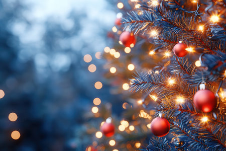 A vibrant Christmas tree adorned with shining red baubles and aglow with warm fairy lights, projecting a warm festive glow against a softly blurred background.の素材