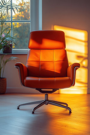 A stylish modern orange leather chair elegantly positioned by a sunlit window, with warm sunlight casting peaceful shadows on its smooth surface and nearby houseplant.の素材
