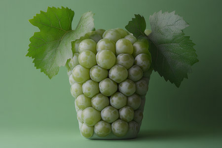 A formation of green grapes is stacked together to resemble a bunch, complemented by fresh green leaves. The arrangement contrasts with a smooth, soft green background, creating an appealing and artistic presentation.の素材