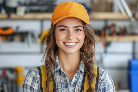 A woman in a plaid shirt and an orange cap smiles warmly in a workshop filled with tools, representing cheerfulness and craft in a bustling, active environment.の素材