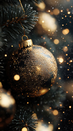 A shimmering golden ornament hangs elegantly on a Christmas tree branch, surrounded by the soft glow of bokeh lights, adding festive cheer and a touch of glamorous elegance.の素材