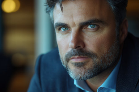 A mature man with intense blue eyes, captured in a piercing look, embodies focus and determination, adding depth and intensity to a dramatic setting.の素材