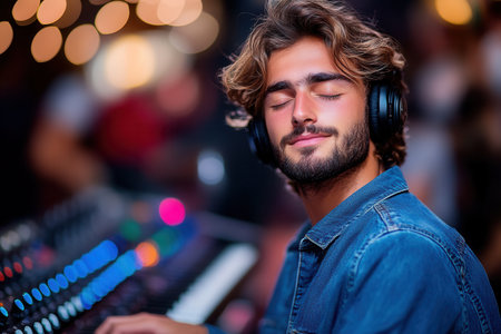 A young man with curly hair and headphones is immersed in his music set while playing at a bustling nightlife event. The atmosphere is vibrant, with colorful lights and excited attendees in the background.の素材