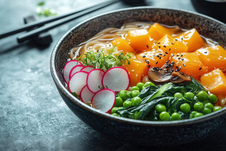 A vibrant bowl filled with ramen noodles topped with bright chunks of squash, sliced radishes, fresh greens, and peas. The dish is artfully arranged, showcasing a mix of textures and colors, perfect for a healthy meal.の素材