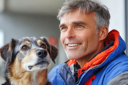 A man smiles broadly while sitting close to his dog, who gazes up at him. The cozy indoor setting with natural light highlights their friendship, embodying a moment of happiness and companionship.の素材