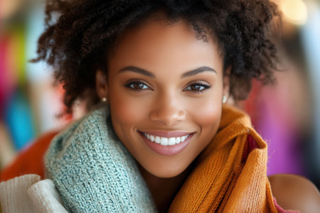This vibrant close-up image captures a woman with curly hair, warmly dressed in colorful scarves, exuding joy and confidence, set against a softly blurred background.の素材