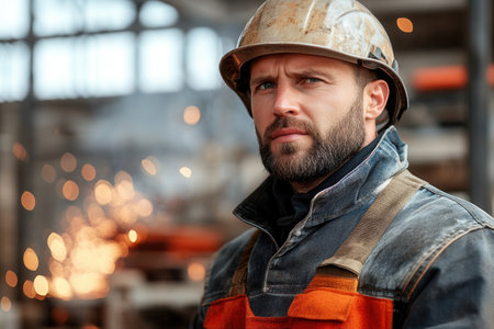 A bearded construction worker confidently stands amidst flying sparks in a factory setting, wearing a helmet, symbolizing strength, safety, and precision in modern industry.の素材