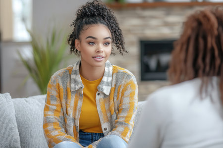 A cheerful young woman with curly hair sits comfortably on a couch, engaging in a relaxed conversation, exuding warmth and approachability within a modern indoor environment.の素材