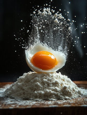 An egg yolk breaks free, splattering across a mound of flour, creating a dramatic spray of white particles. This moment captures the essence of cooking in a warm, inviting kitchen atmosphere.の素材