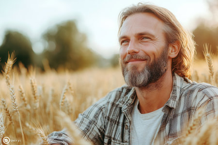 A middle-aged man in a plaid shirt basks in the warm glow of a late summer afternoon, his smile reflecting the quiet joy found in the golden expanse of wheat around him.の素材