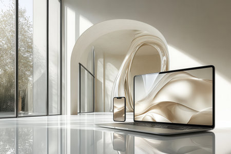 A contemporary workspace showcases a sleek laptop and smartphone on a reflective surface. Sunlight floods the room through large windows, illuminating the abstract sculpture in the background and enhancing the elegant atmosphere.の素材