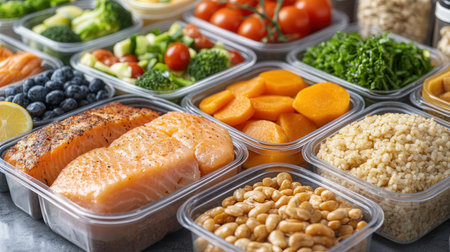 A vibrant assortment of meal prep containers filled with nutritious foods, including grilled salmon, colorful vegetables, nuts, and grains, neatly arranged on a kitchen countertop in natural light.の素材