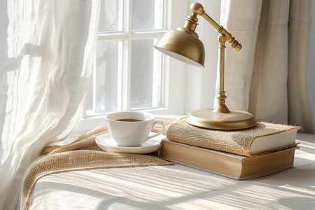 This image shows an elegant golden desk lamp illuminating a book and coffee cup, all placed on a table near a bright window which lets in natural light through soft curtains.の素材