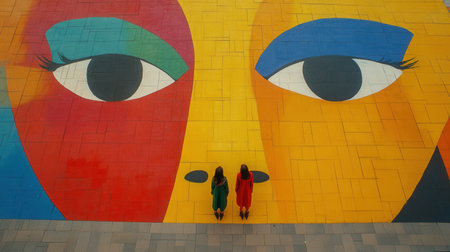 Two women stand in front of a vibrant mural that showcases a large abstract face. The artwork, characterized by bold colors, captures attention in an urban setting, creating a lively atmosphere in broad daylight.の素材