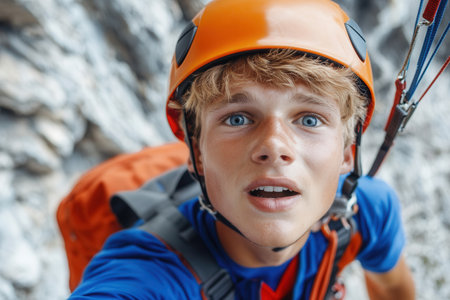 A focused young climber wearing an orange helmet looks up while conquering a steep rocky cliffside, an embodiment of challenge, determination, and adventure.の素材