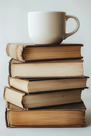 A white mug rests atop a neatly arranged stack of vintage books. The serene setting features soft lighting, creating a warm and inviting atmosphere perfect for reading and enjoying a hot beverage.の素材