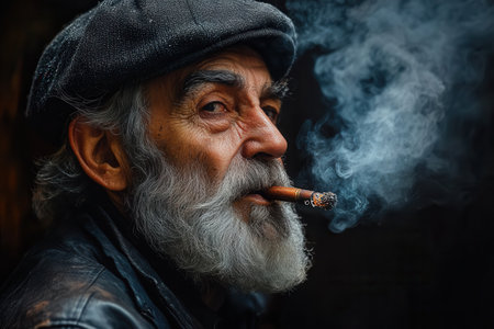 An elderly, bearded man wearing a flat cap, enjoying a cigar, surrounded by smoke. His contemplative expression and textured wrinkles capture the wisdom of age and serenity.の素材