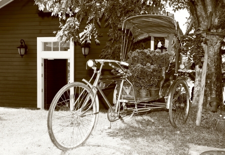 Old bicycle equipped with baskets of flower in sepiaの写真素材