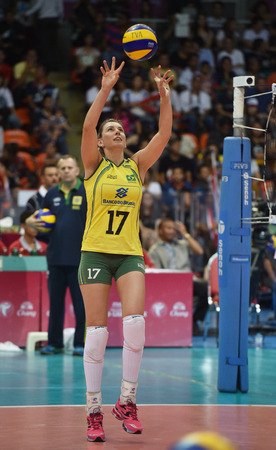 Bangkok, Thailand - August 17 Gina Altagracia Mambru Casilla of Brazil in action during Volleyball World Grand Prix 2014 at Indoor Stadium Huamark on August 17, 2014 in Bangkok, Thailand のeditorial素材