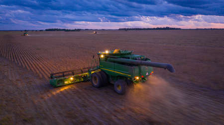 Santa Fe, Argentina, May 5, 2021: John Deere Harvester from a drone. Long exposure photography.のeditorial素材
