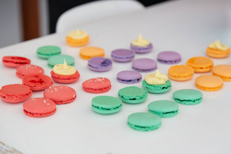 Different types of macarons been prepared. Close up photo.の写真素材