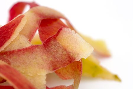 Red apple peel only. On white backgroundの写真素材