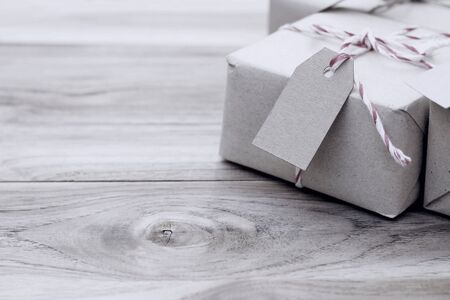 vintage gift box on wood tableの写真素材