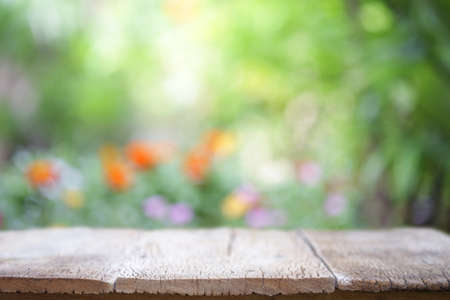 outdoor wooden table viewの写真素材