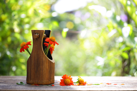Zinnia flower in vintage pot on wooden tableの写真素材