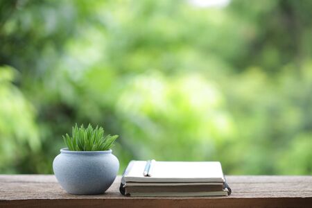 Diary notebook with pencil and blue plant pot on wooden tableの写真素材
