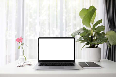 Mock-up laptop with rose and Calathea Orbifolia plant and notebook on white wooden tableの写真素材