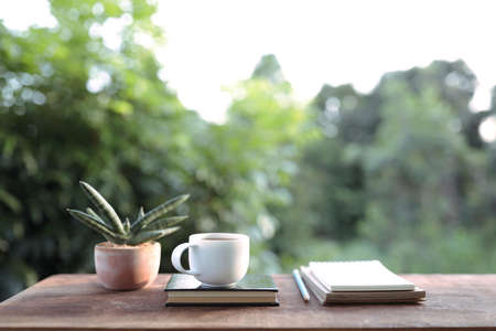 White coffee cup with notebook and snake plant pot on brown wooden table out doorの写真素材