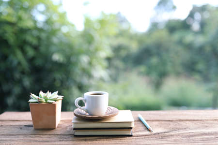 Small white coffee cup and plant pot on brown wooden table