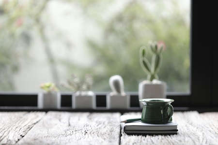 Old green zinc cup with note books and pencil with cactus plant infront of windows
