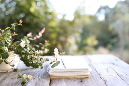 Notebooks on wooden table with Madras Thorn plantの写真素材