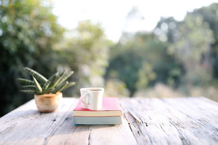 white cup with heart shape handle and notebooks and plant pot on brown wooden table front view