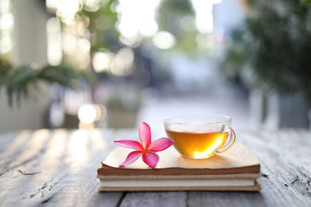 cup of tea with small flower and notebooks