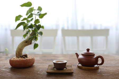 tea cup and red kettle with plant on wooden tableの写真素材