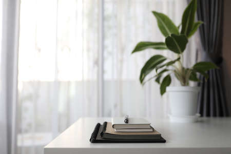 Notebooks and pen on white desk with Aglaonema plant potの写真素材