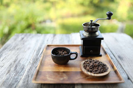 Roasted coffee beans with small vintage grinder on wooden plateの写真素材