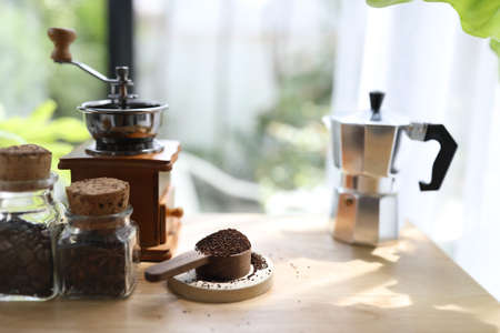 grind coffee beans and coffee utensilsの写真素材
