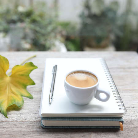 Coffee and notebook with Philodendron Xanadu autumn leafの写真素材