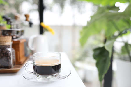Coffee glass cup espresso on white tableの写真素材