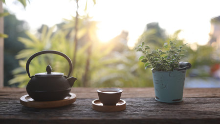 Metal black kettle tea pot and small tea cup and plant pot on wooden table outdoorの写真素材