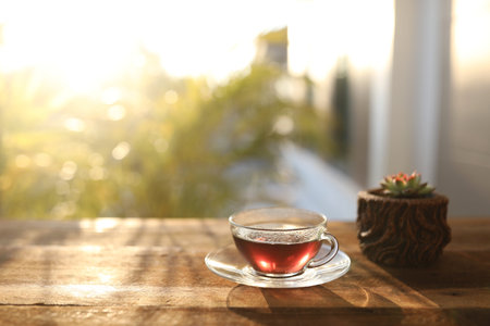 Rosella Juice in a glass cup and mini cactus plant on wooden tableの写真素材