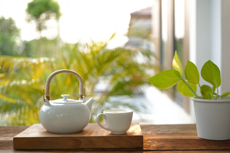 white tea cup and tea pot and plant pot on wooden tray and table balcony outdoor view
