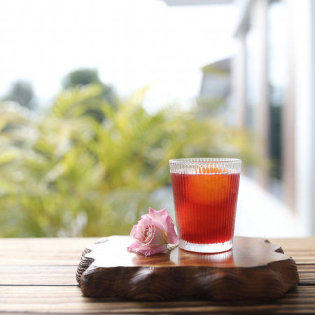 Rosella Juice in a glass cup on wooden trayの写真素材