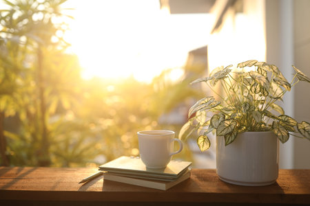 Coffee cup and notebook and Angel wings plant on wooden table under sunlightの写真素材