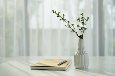 Tall plant vase on white table with notebook by the window, minimal interior, cozy workspaceの写真素材