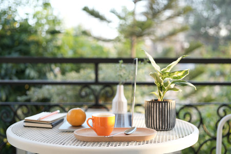 Coffee cup and orange, with plant pot, balconyの写真素材